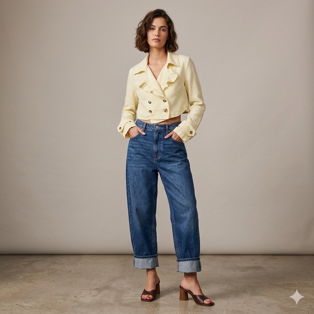 Free People Light Yellow Linen Crossover Back Cropped Blazer Womens XS